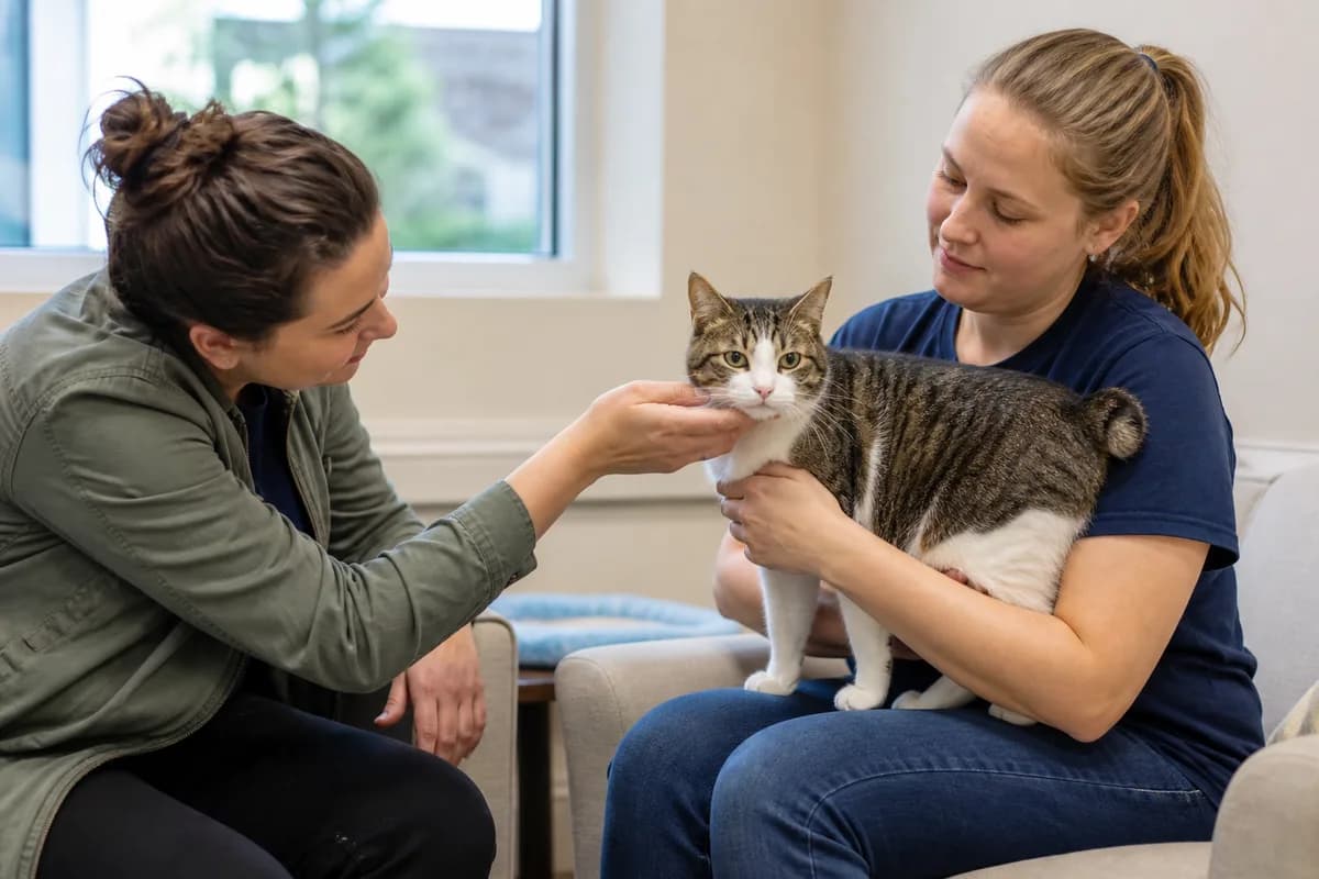 Adoption counselor introducing an adult bobtailed cat without claiming breed from appearance