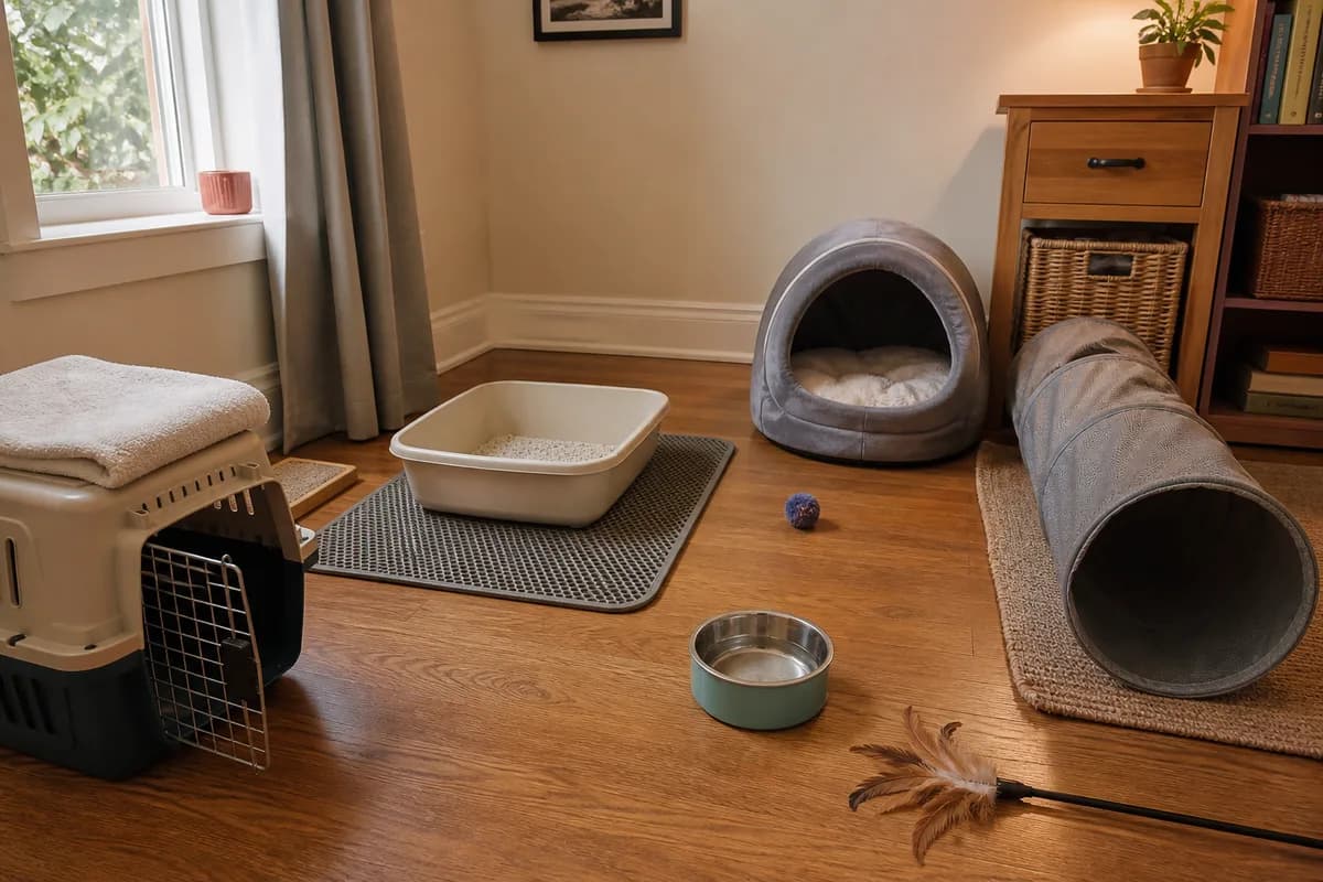 Carrier, quiet room, litter tray, bed, tunnel, and wand toy ready for a new kitten