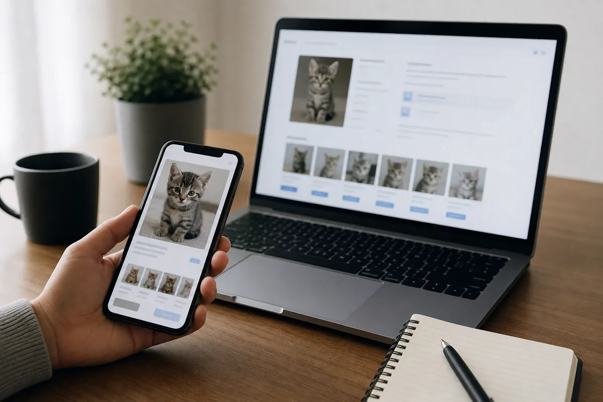 Phone showing a generic kitten listing beside a laptop running a reverse image search, with no real seller details