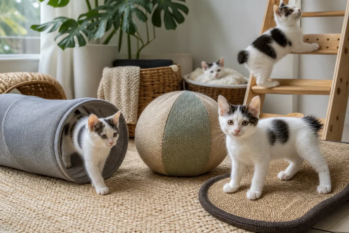 Japanese Bobtail kittens exploring safe toys and household surfaces with relaxed body language