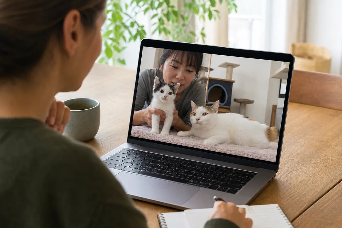 Prospective adopter using a live video call to see a Japanese Bobtail kitten beside its mother in the seller's home