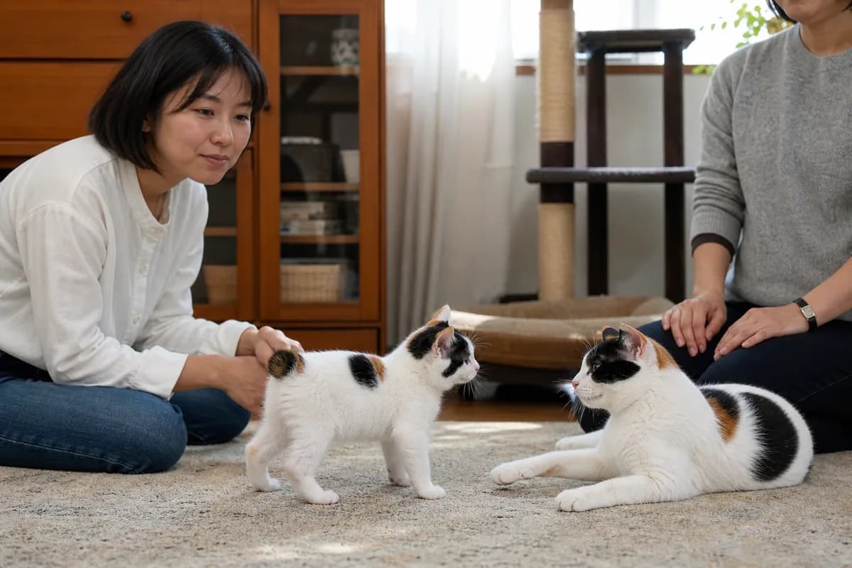 Prospective owner seeing a Japanese Bobtail kitten and mother during a supervised home visit