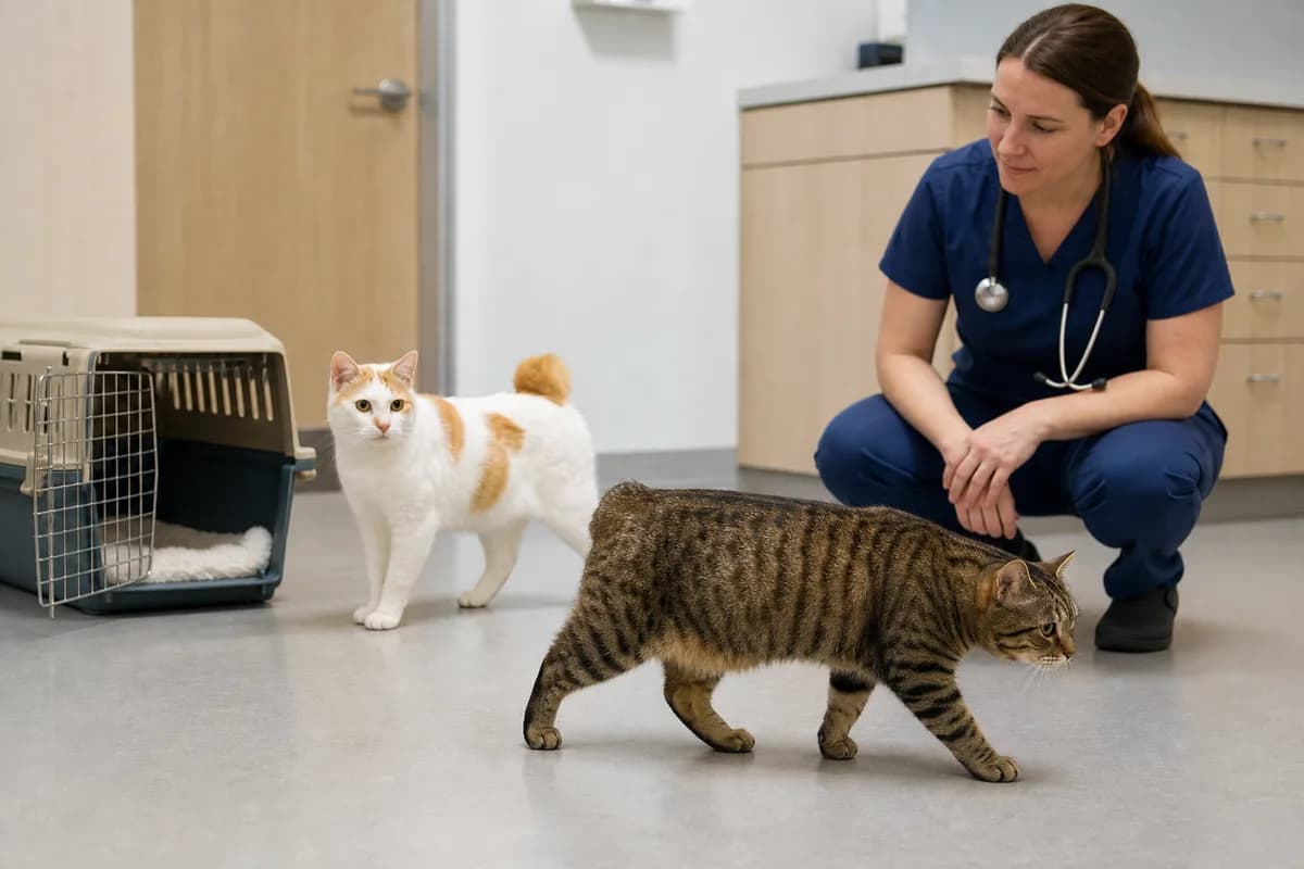 Veterinarian observing a Manx walking naturally while a relaxed Japanese Bobtail waits beside an open carrier