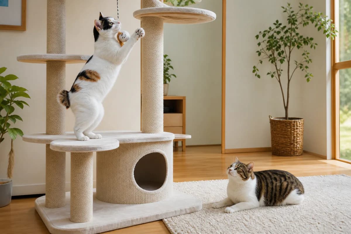 Japanese Bobtail playing on a cat tree while a Manx rests nearby in the same spacious home