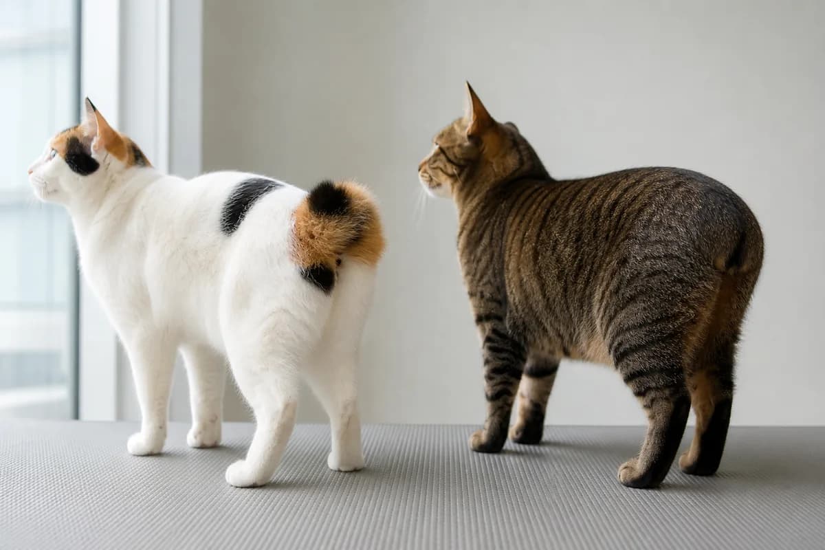 Close side-by-side view of a visible kinked Japanese Bobtail pom tail and a Manx rump, handled respectfully