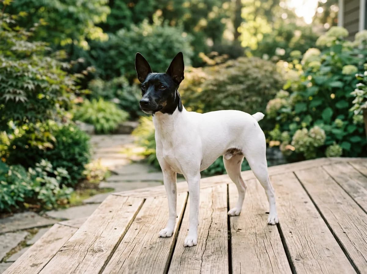 A small smooth-coated Japanese Terrier with a black head and white body, standing alert on a wooden deck, refined build