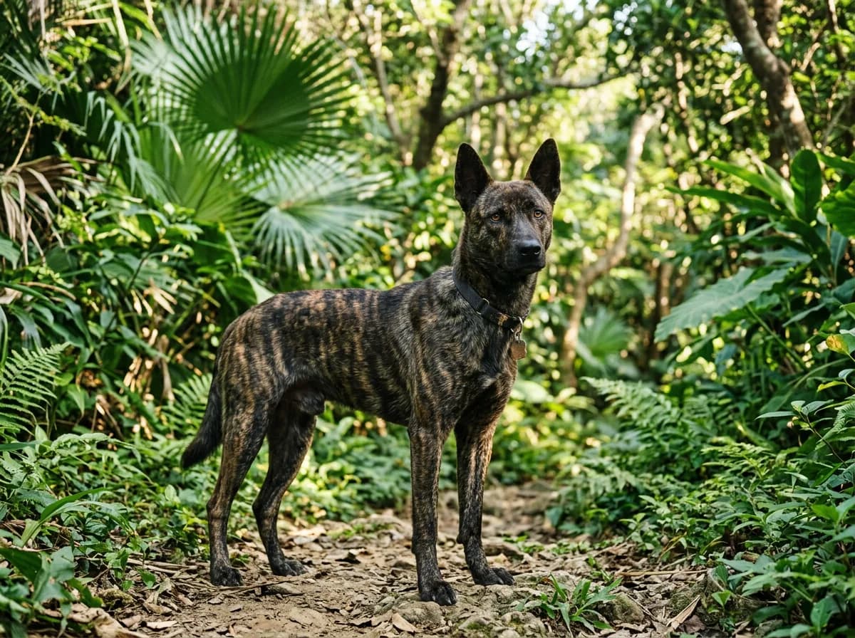 A brindle Ryukyu Inu in a subtropical Okinawan setting, lean athletic build, alert ears, palm foliage in the background
