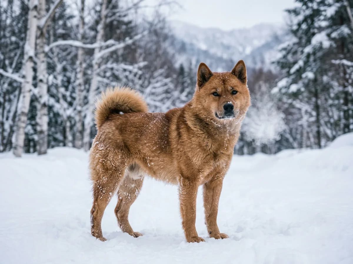 A thick-coated Hokkaido dog standing in deep snow, small triangular ears, sturdy build, breath visible in the cold air