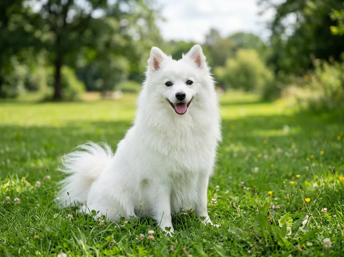 A pure white fluffy Japanese Spitz with a plumed tail and pointed muzzle, sitting on grass, bright cheerful expression