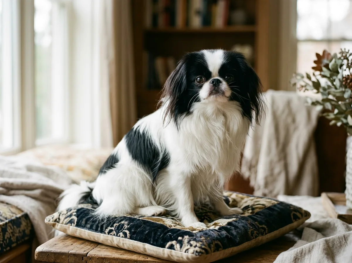 A black and white Japanese Chin with large expressive eyes and a silky coat, sitting on a cushion, elegant and dainty