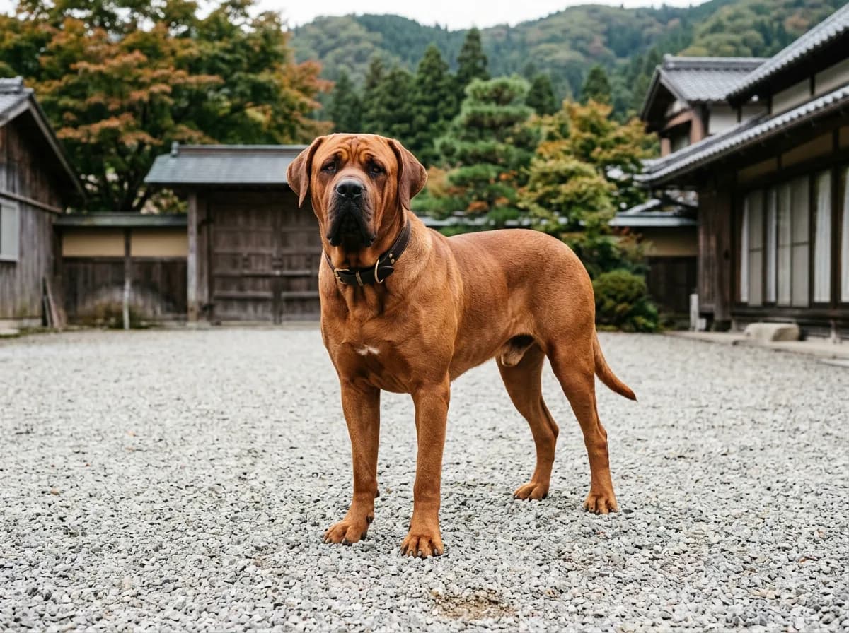 A massive red Tosa Inu standing on a wide gravel yard, powerful mastiff-type build, calm but imposing presence