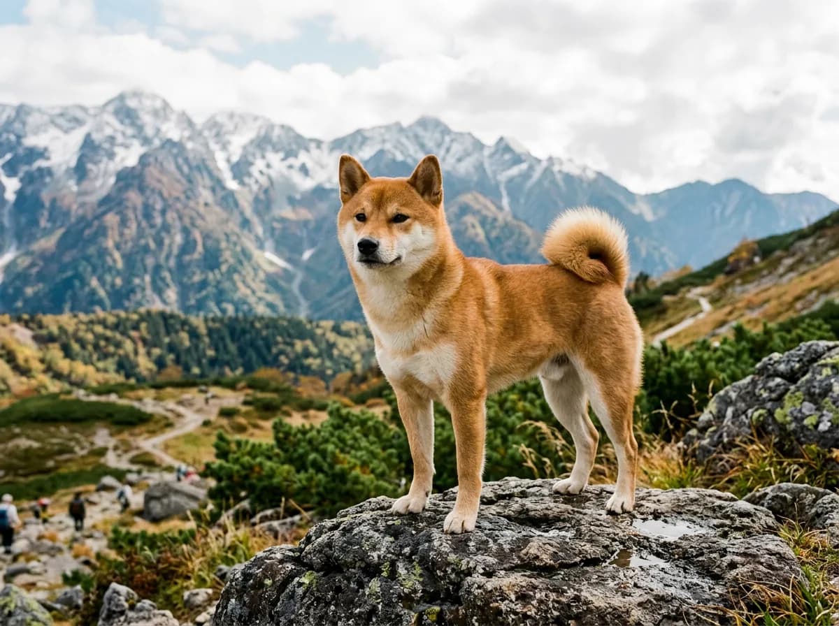 A red-coated Shiba Inu standing alert on a rock, curled tail, cream urajiro markings on cheeks and chest, mountain backdrop