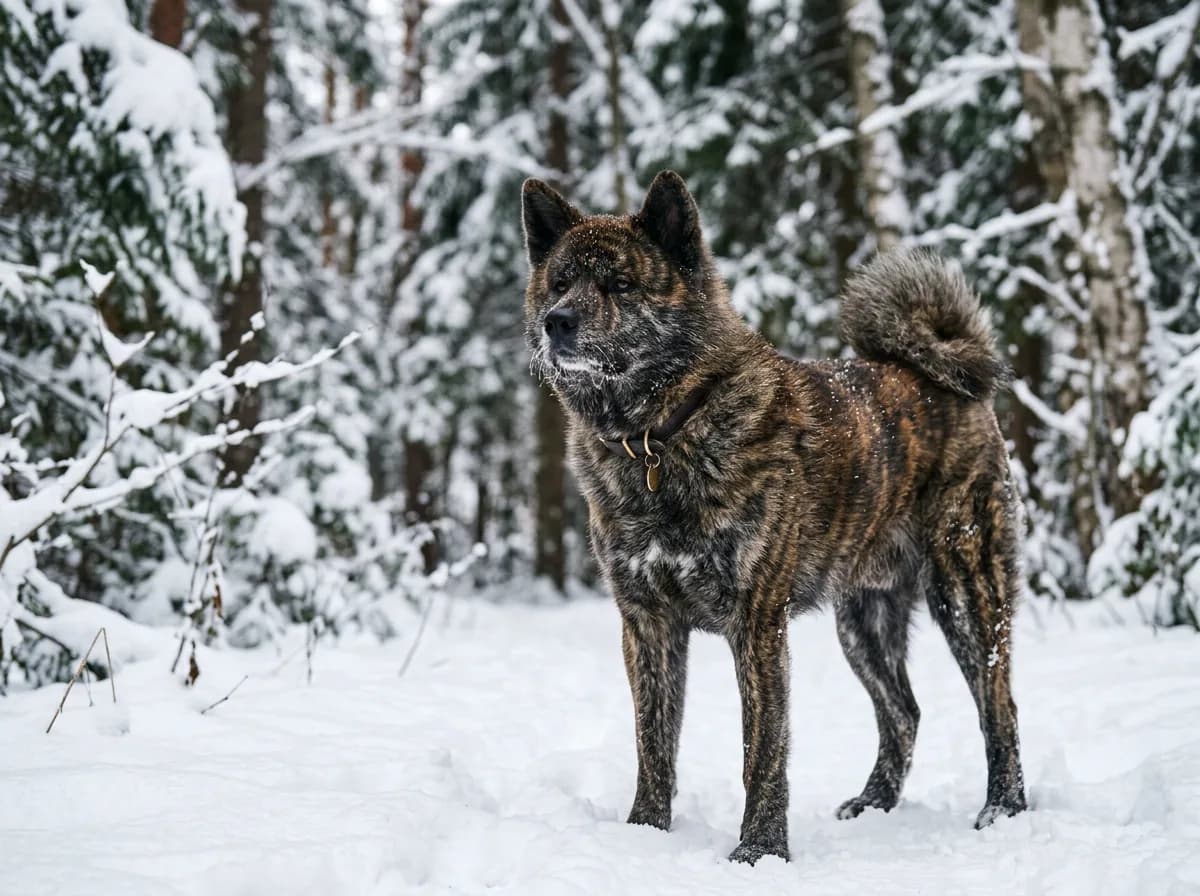 A large brindle Japanese Akita Inu standing in snow, thick coat, curled tail, dignified expression, winter forest