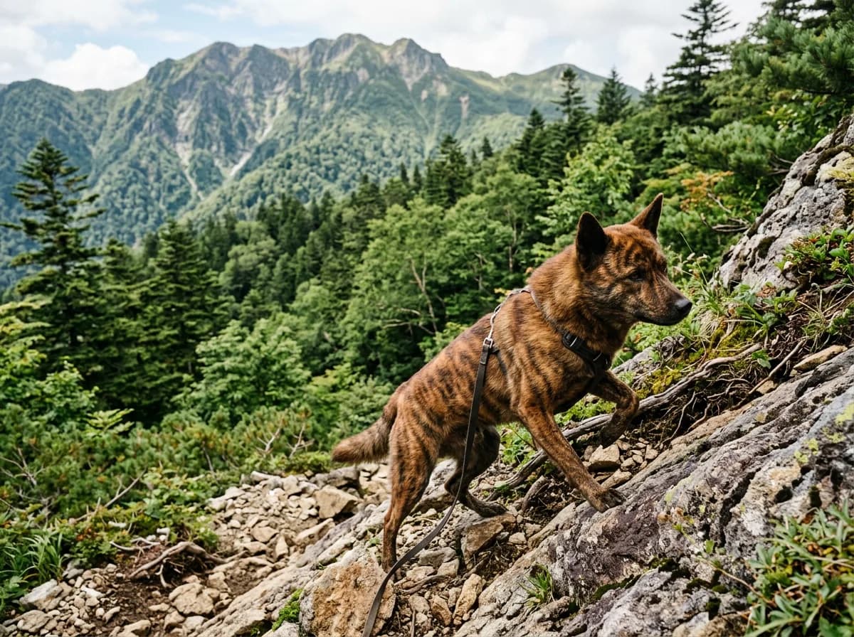 A brindle Kai Ken with distinctive tiger stripes climbing a rocky mountain slope, muscular build, alert ears, green forest