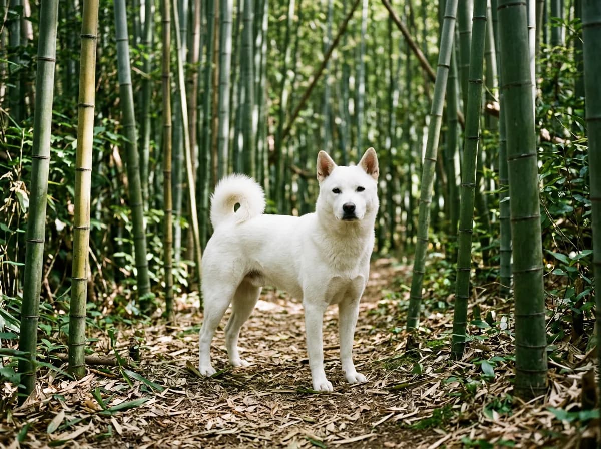 A solid white Kishu Ken standing in a bamboo grove, pricked ears, curled tail, calm and focused expression