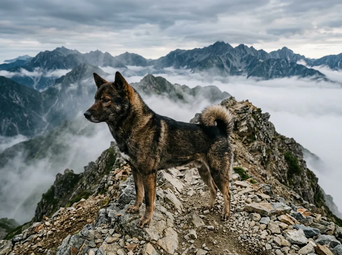 A sesame-coated Shikoku Ken on a mountain ridge, wolf-like appearance, muscular and lean, mist over the peaks behind