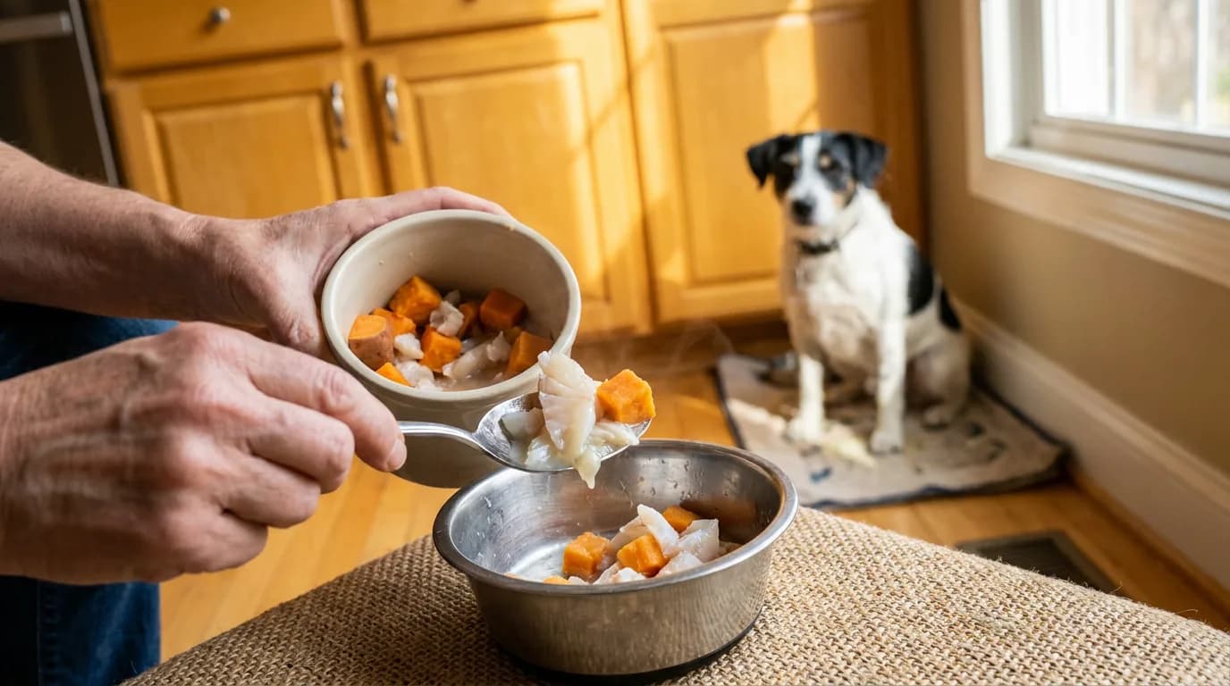 Owner spooning cooked fish and sweet potato into a bowl while a terrier waits nearby.