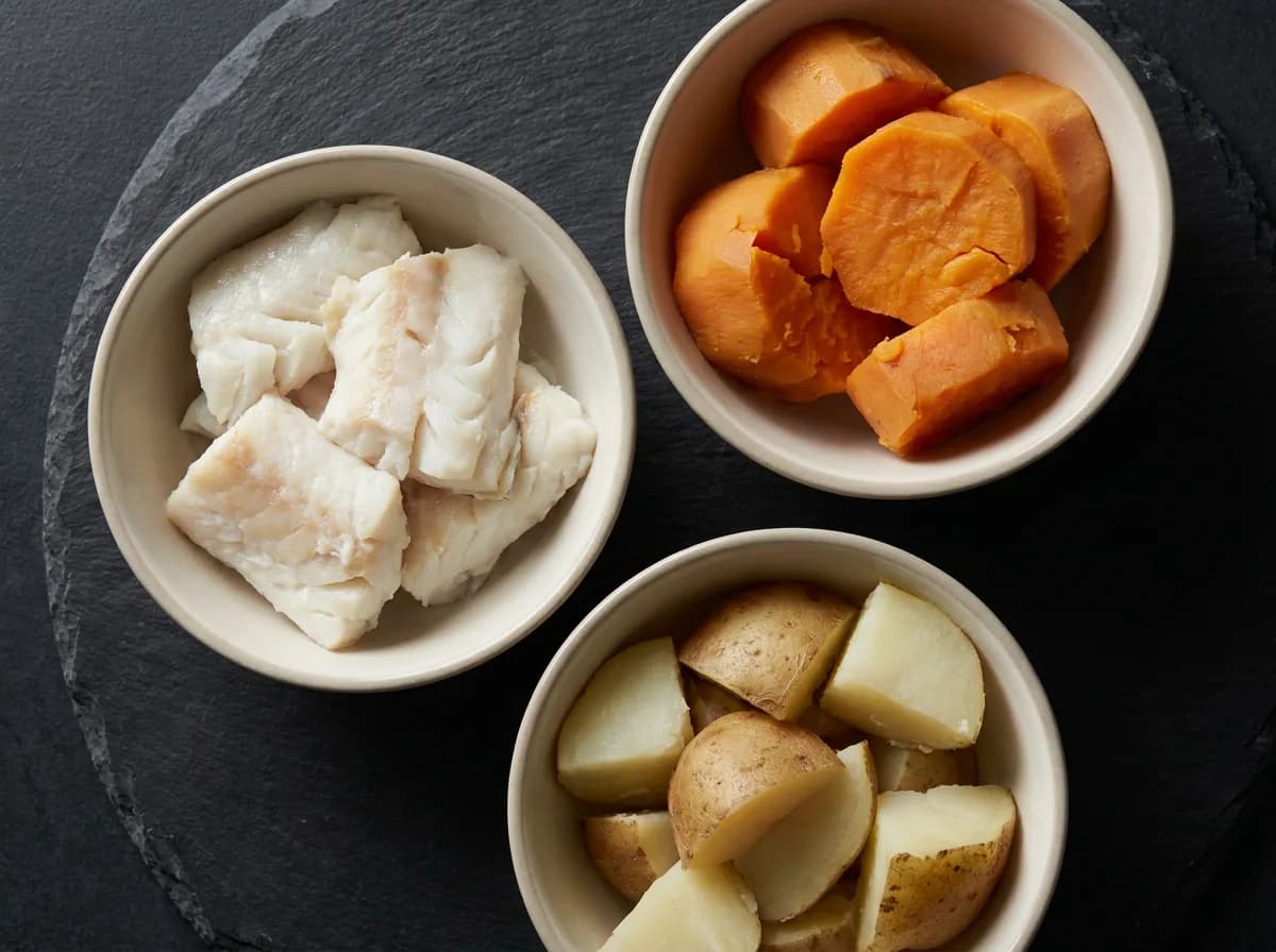 Separate dishes of cooked white fish, sweet potato and russet potato.
