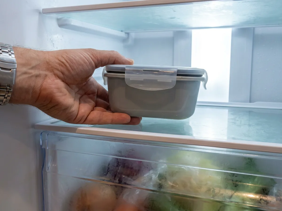 Hand placing a sealed reusable food container on a refrigerator shelf.