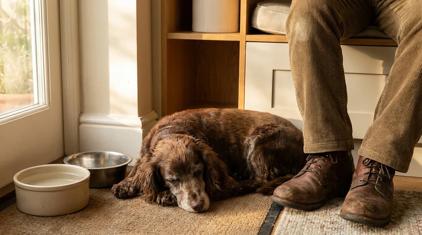 Brown spaniel resting beside its owner near a quiet home feeding station.