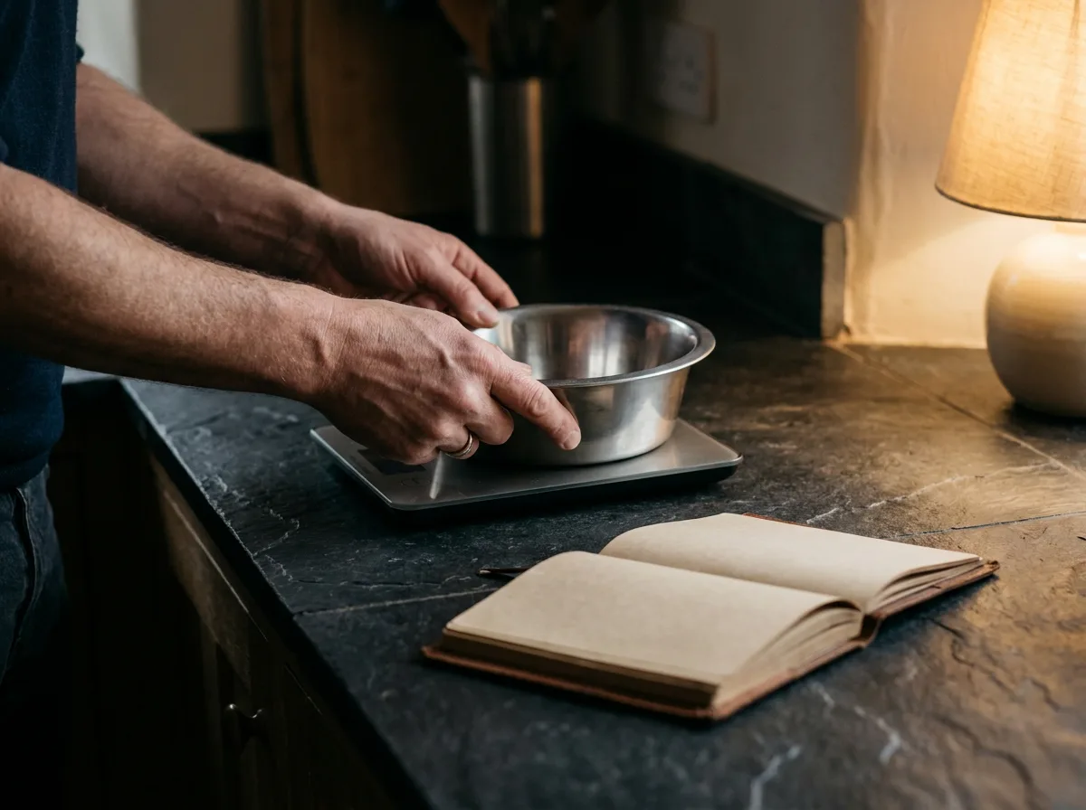 Hands placing an empty metal bowl on a scale beside a notebook.