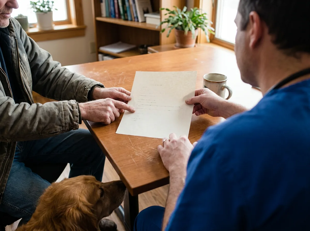 Veterinarian and owner reviewing a paper at a consultation table.