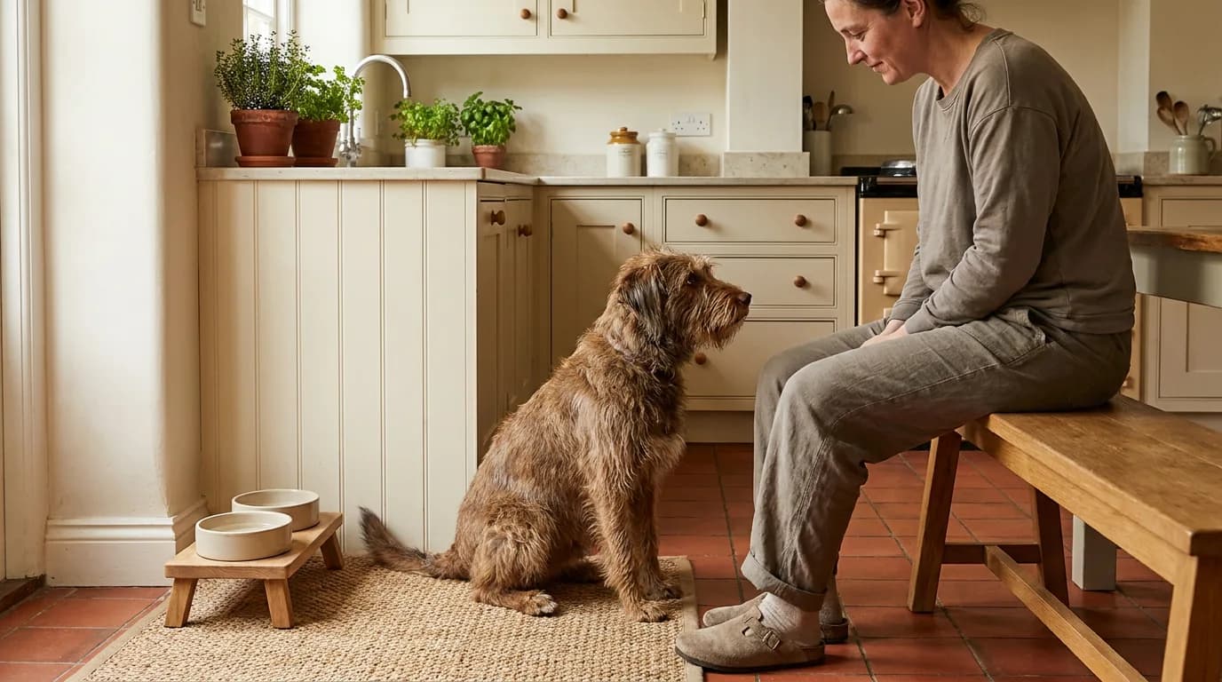Scruffy brown dog sitting beside its owner near a home feeding station.