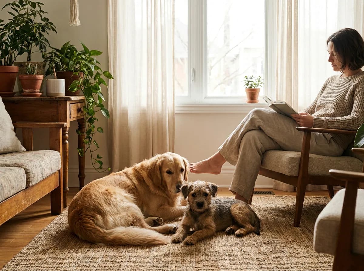 Small terrier and larger retriever resting beside a seated owner.