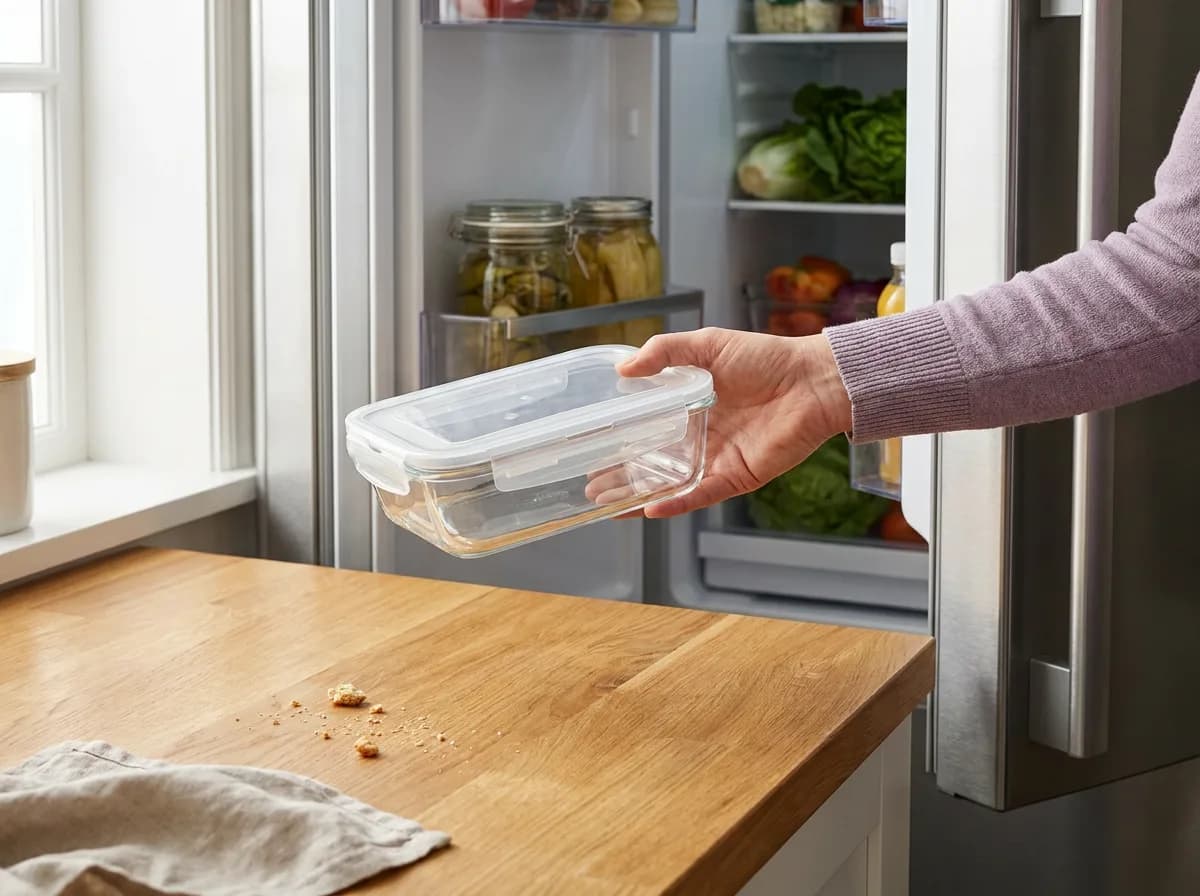 Hand moving a closed reusable container beside an open refrigerator and kitchen counter.