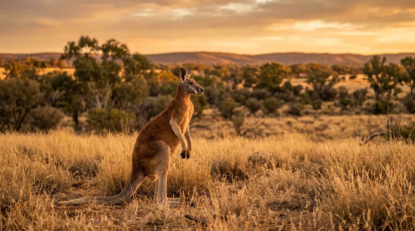 Wild adult red kangaroo standing in golden Australian outback grassland at sunset