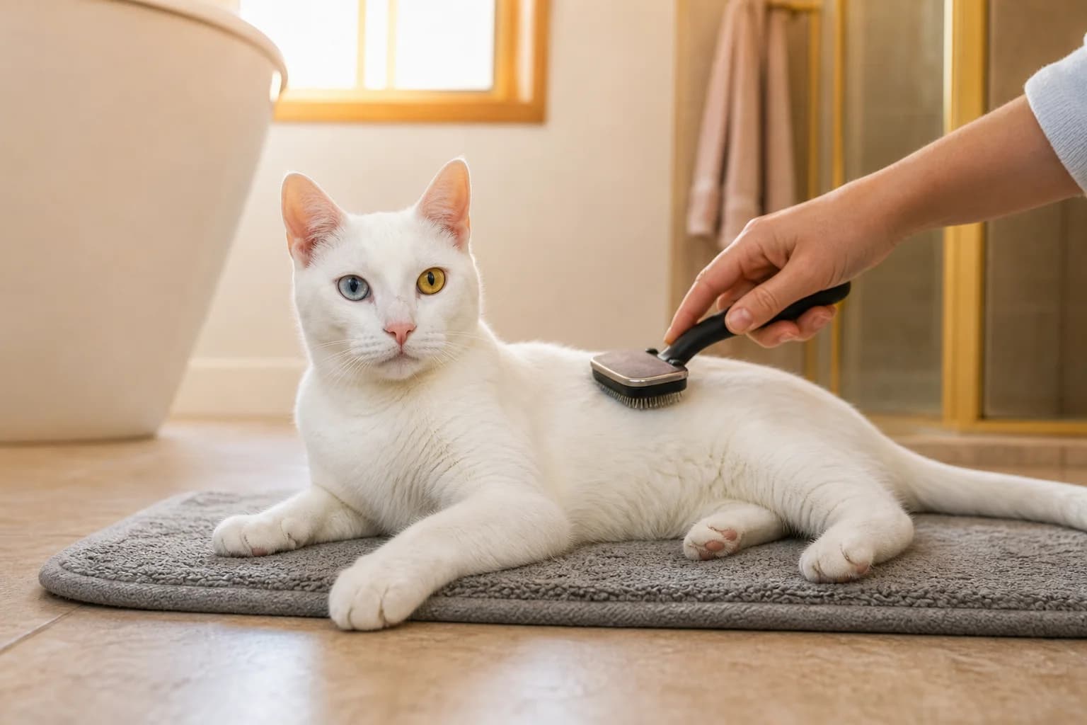 A person gently brushing a relaxed white shorthaired cat with a soft rubber grooming tool beside a sunny window