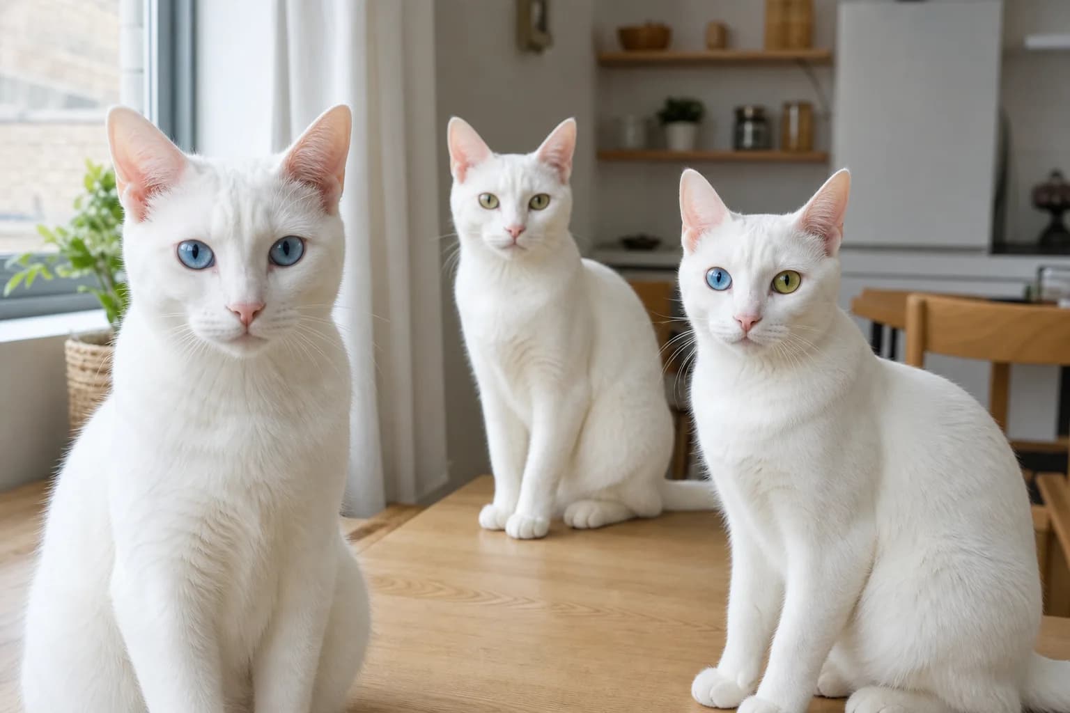 Three white shorthaired cats showing blue, yellow-green, and odd-eyed presentations, with a caption explaining that eye presentation is a clue and not proof of ancestry