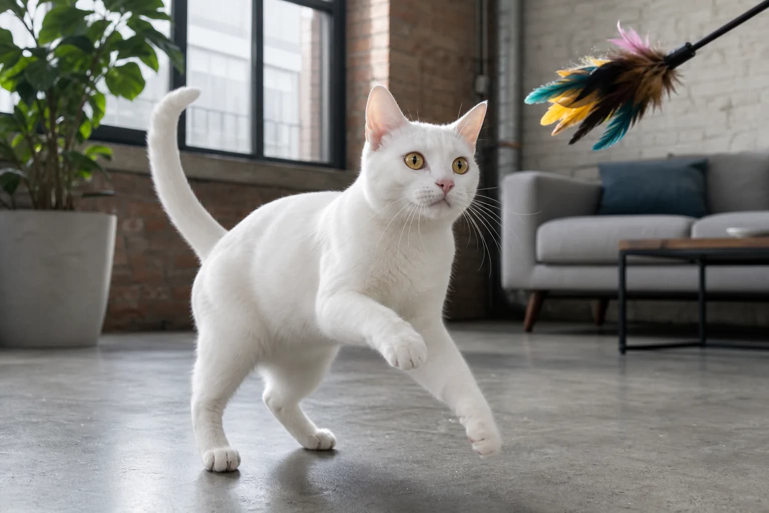A Khao Manee engaged in a supervised wand-toy session with a person in a living room, showing focus and athletic play