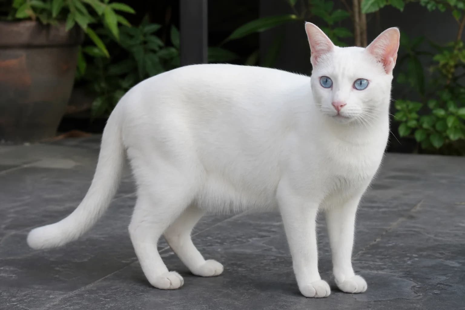 A standing adult white shorthaired cat photographed from the side to show a flexible medium frame, balanced legs, and athletic proportions