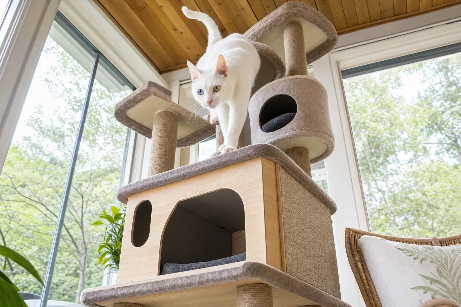 Adult Khao Manee exploring a stable cat tree with hiding and scratching areas