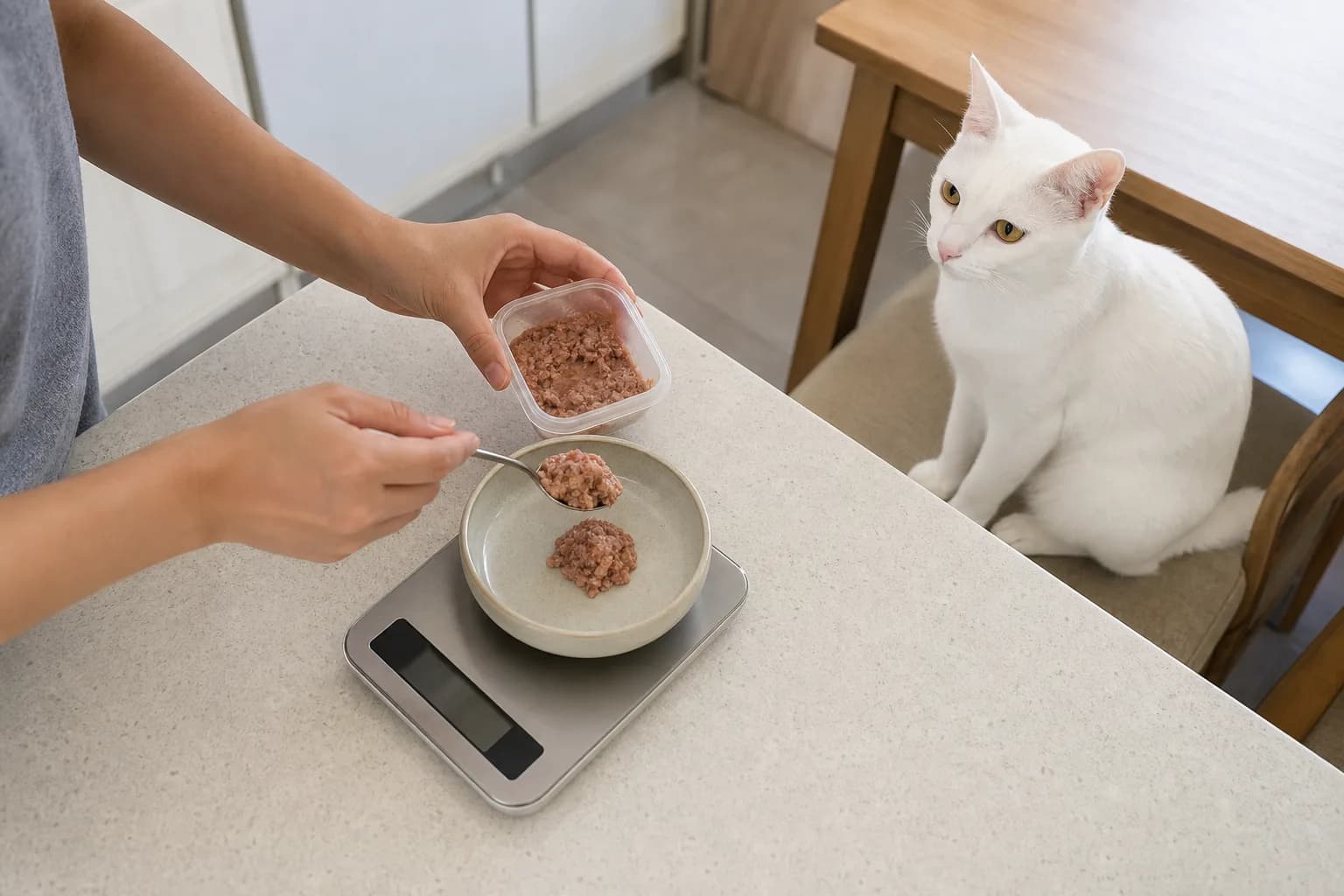 Owner measuring wet food for an adult Khao Manee waiting beside the preparation area