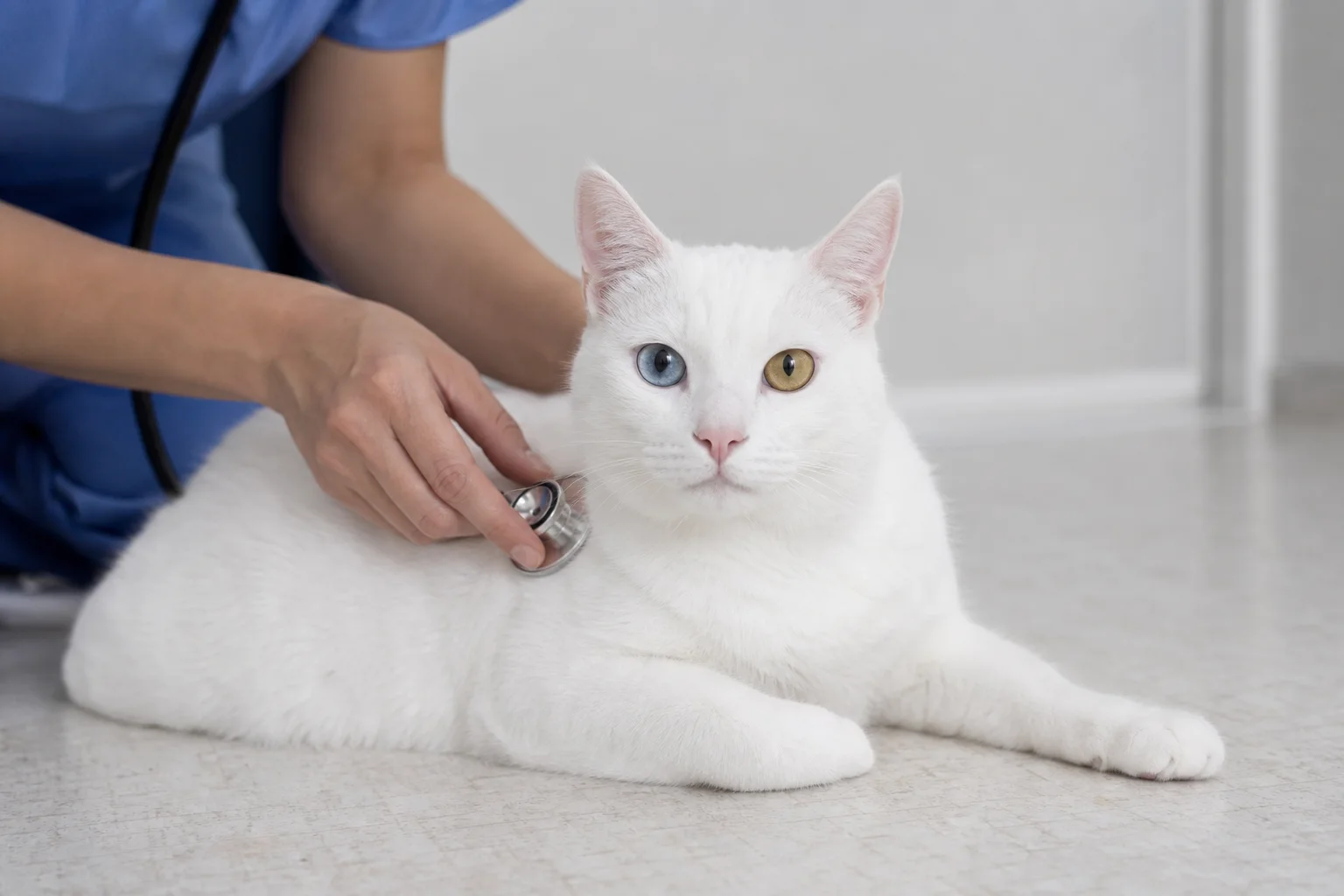 A Khao Manee receiving a calm hands-on examination from a veterinarian in a feline-friendly clinic, with the cat relaxed on a nonslip mat