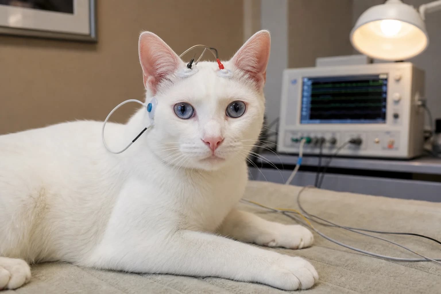 A supervised feline BAER hearing test with small recording electrodes, padded supports, monitoring equipment, and veterinary staff keeping the cat calm
