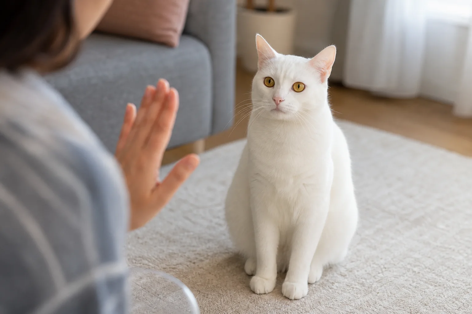 A deaf white cat responding to a clear hand signal in a secure indoor room with a high perch and closed exterior door