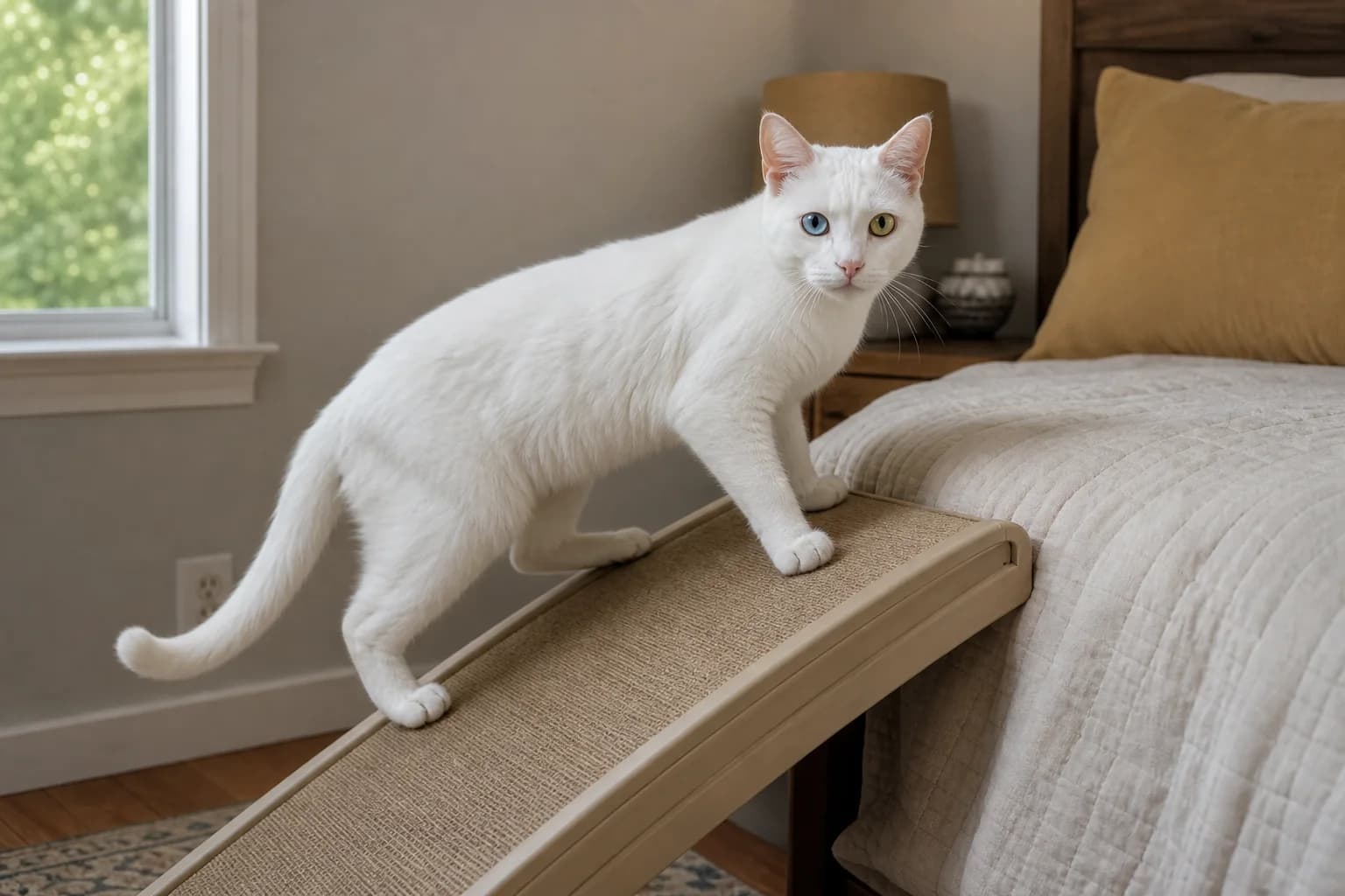 An older white cat at a calm preventive visit while a veterinarian checks the mouth and discusses mobility with the owner