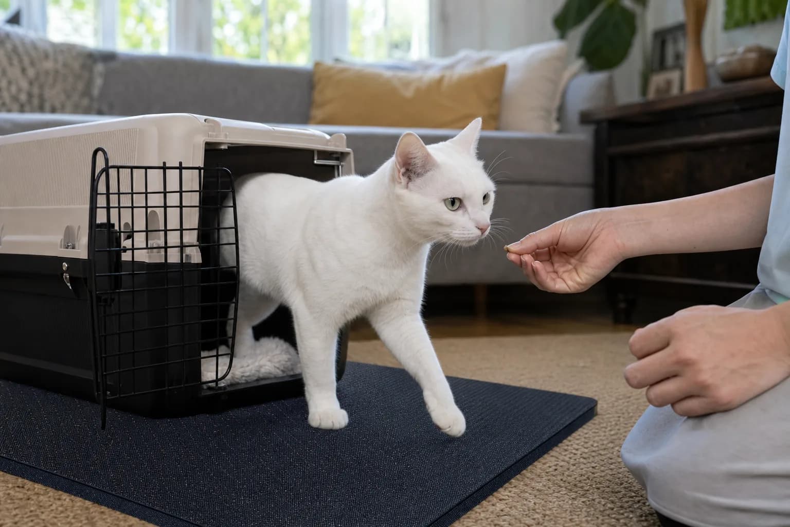 Adult Khao Manee stepping voluntarily onto a care mat beside an open carrier