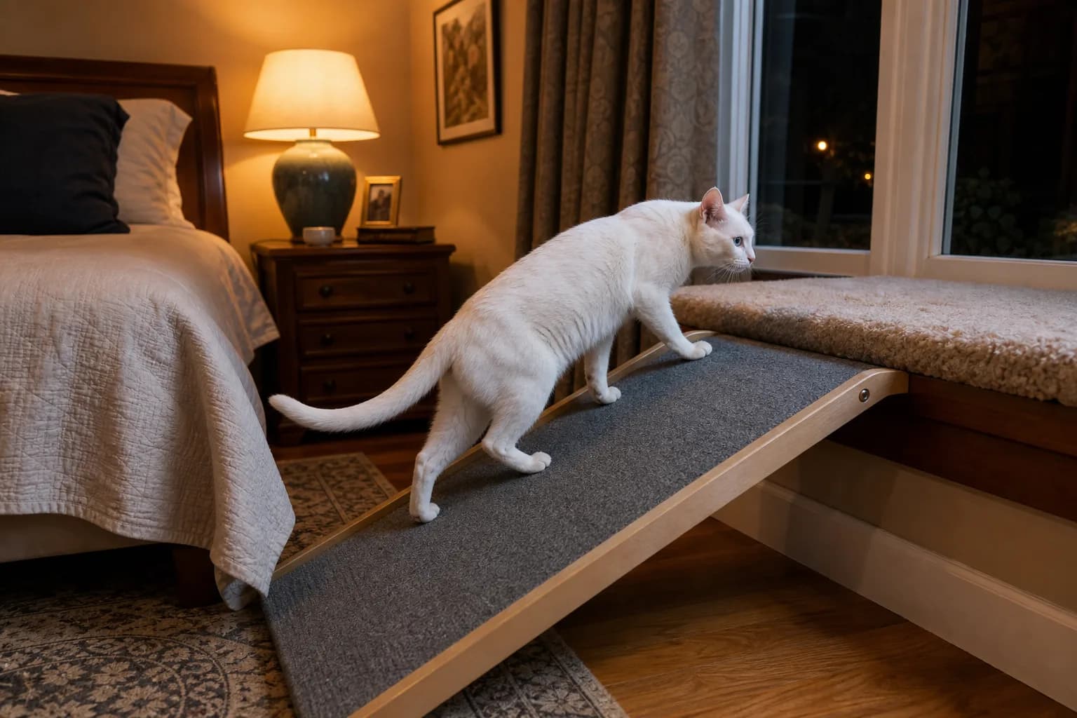 Senior Khao Manee using a low ramp to reach a warm bedroom resting area