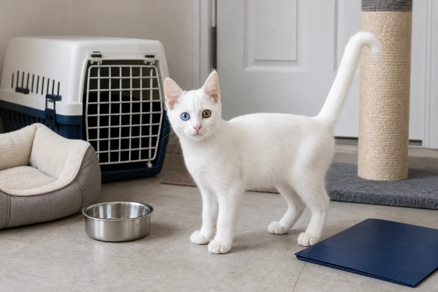 Odd-eyed white kitten standing beside a carrier, bed, bowl, and scratcher in a prepared home
