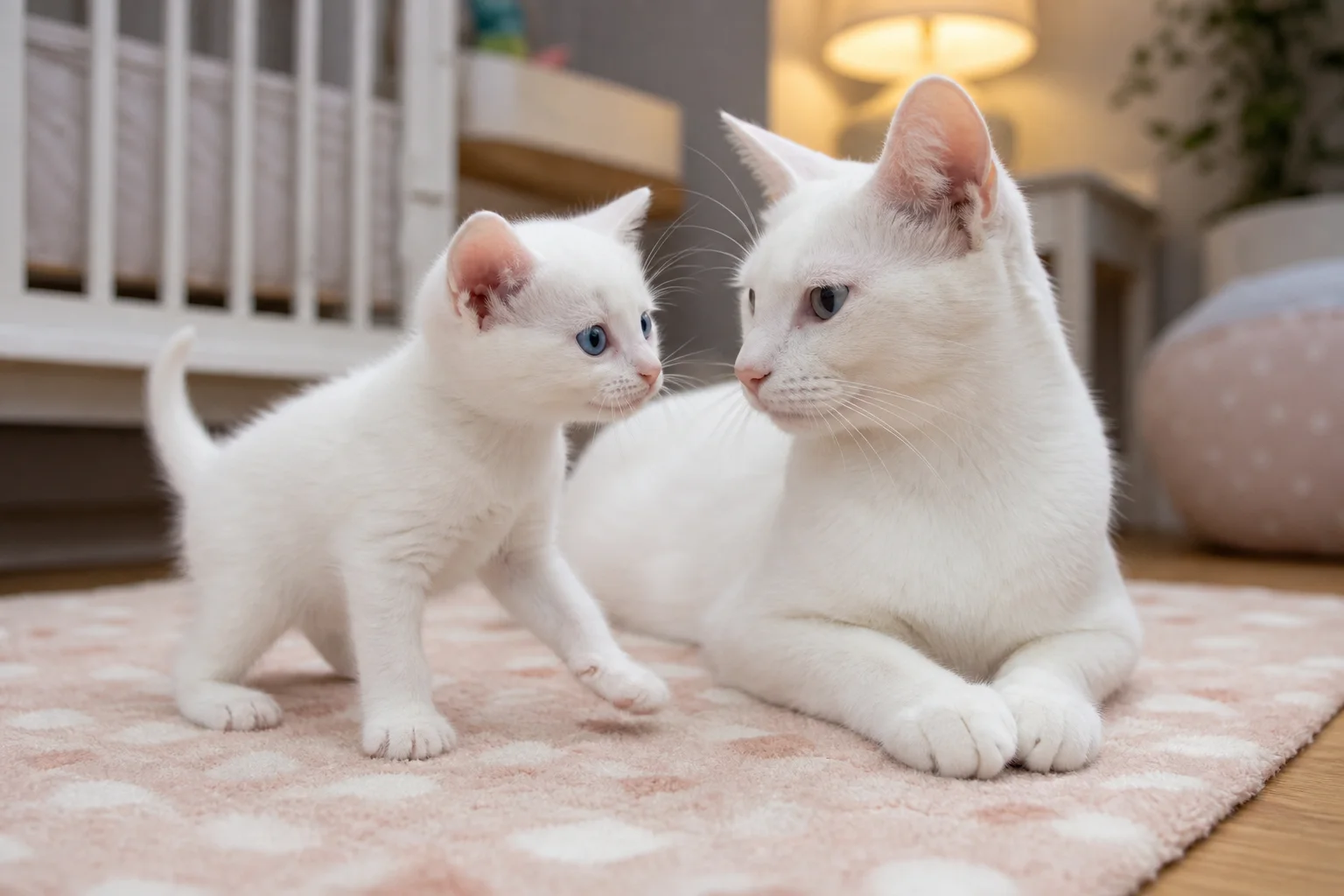 A buyer visiting a home-raised litter, with the kitten, mother cat, breeder, clean living space, and age-appropriate enrichment visible