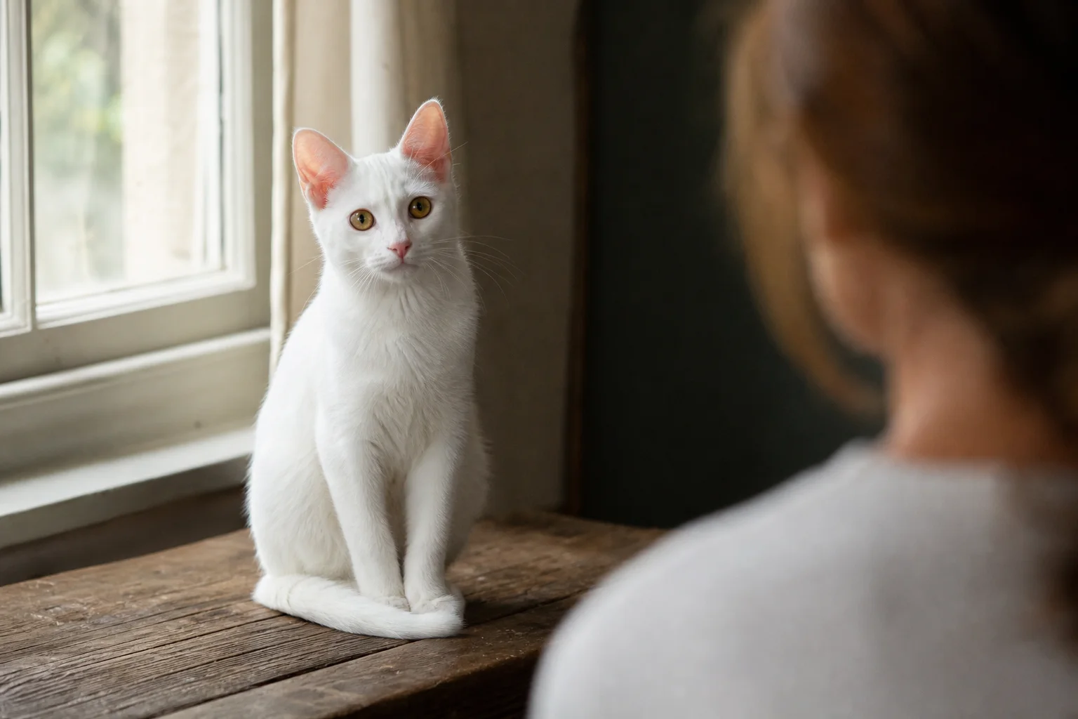 White kitten being observed by a prospective owner during an in-person meeting