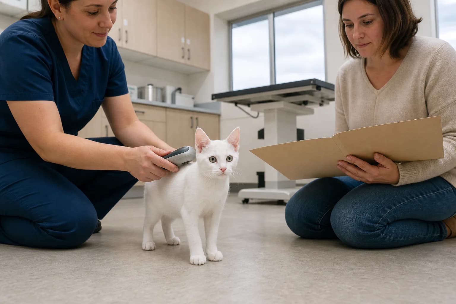 Veterinary staff scanning a Khao Manee kitten's microchip while the owner holds records