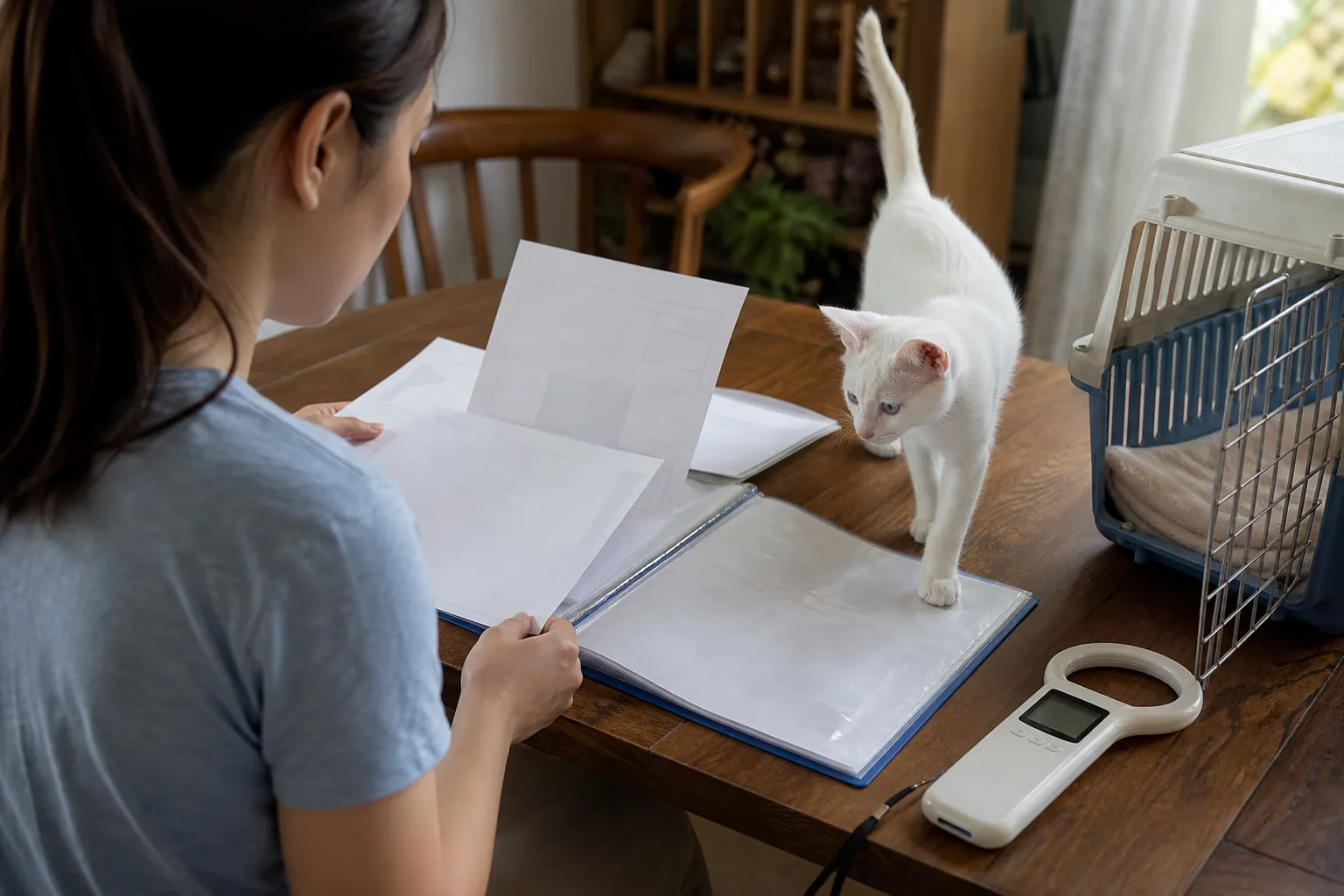Prospective owner reviewing health and registration records with a Khao Manee kitten nearby
