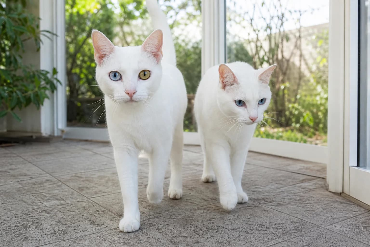Two unrelated white shorthaired cats sitting side by side, photographed to show close similarity without assigning either cat a breed from looks alone