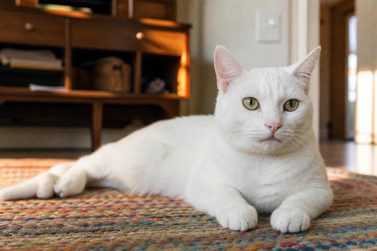 Stockier green-eyed white domestic shorthair resting indoors as a comparison example