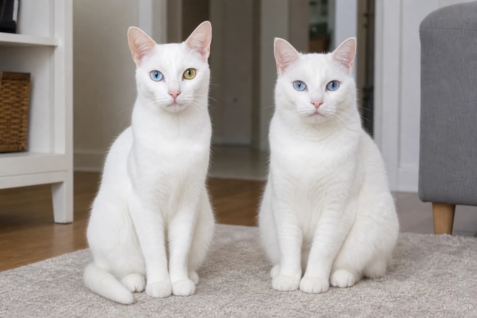 Odd-eyed slender white cat seated beside a stockier blue-eyed white cat under the same light